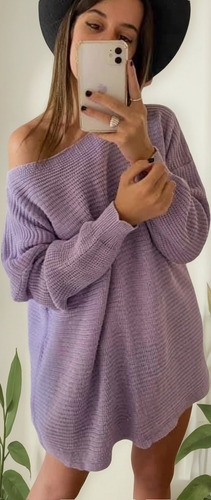 Maxi Suéter Mujer Tejido Acrílico Cuello Bote Myry Moda