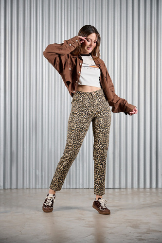 Pantalon De Mujer Cenitho Mom Animal Print Tiro Alto Rigido
