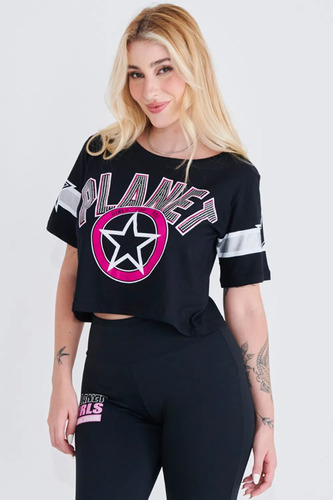 Camiseta Cropped Preta Logo Planet Girls