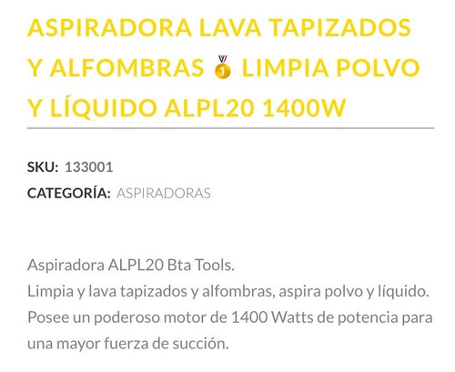 Imagen 3 de 6 de Aspiradora Lavatapizados Bta 1400 Watts 20 Lts Polvo Liquido