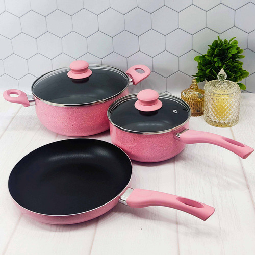 Set Olla Cacerola Sartén Antiadherente Teflon Fary Home Colo Granito Rosa