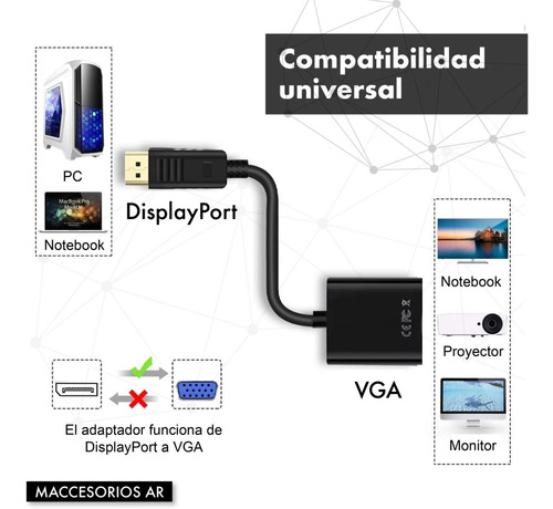 Imagen 4 de 10 de Adaptador Displayport A Vga Full Hd 1080p 1920 X 1200 Activo