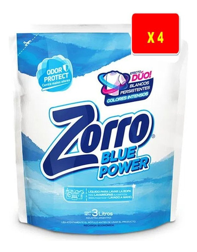 Jabón Liquido Para Ropa Zorro Plus Blue Power 3 L X 4 Uni.