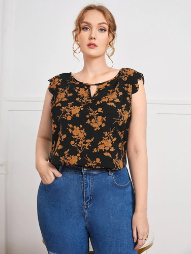 Blusa Negra Flores Grandes, Tallas Extras 3xl