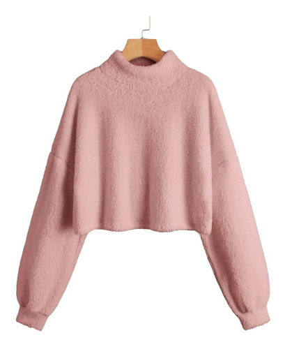 Sweater Polerón Teddy Crop Top  Cuello Alto Hombros Caídos