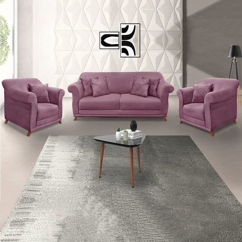 2 Poltronas E Sofá Living 2 Lugares 1,80m Vênus Veludo Uva