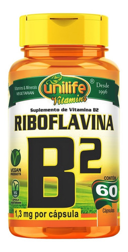Vitamina B2 Riboflavina Unilife Suplemento 60 Cápsulas Vegan