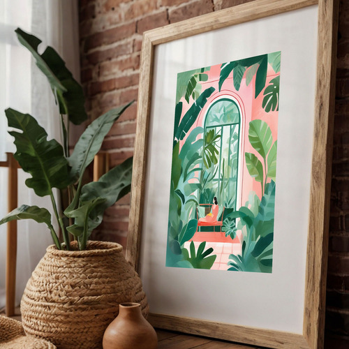 Lámina Decorativa Mujer Jardín Tropical Rosa Plantas Hojas Multicolor Sin Armazón