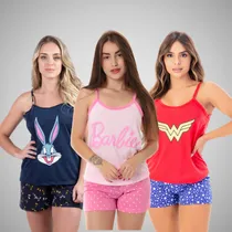 Comprar Kit 3 Pijamas Baby Doll Personagens Estampado Alcinha Adulto
