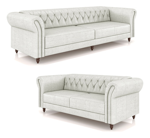 Conjunto Chesterfield 2/3 Lug 180/240 Couro Branco Manchado