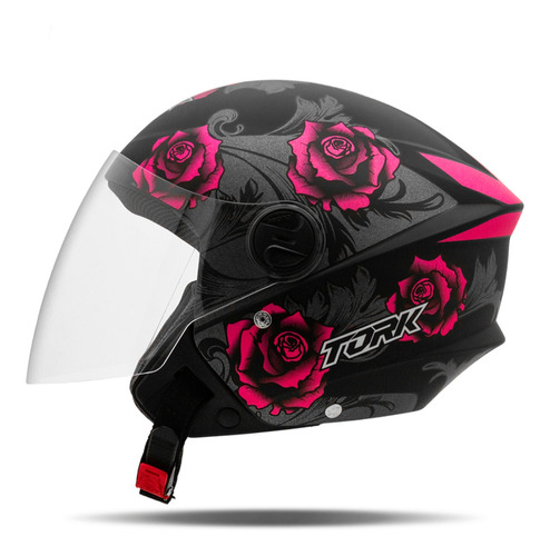 Capacete Aberto Feminino Masculino Moto Pro Tork New Liberty Three Flowers Fosco Preto E Rosa Tamanho 56