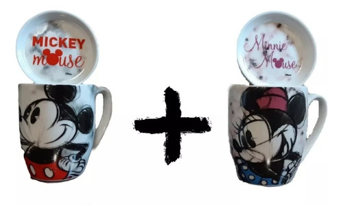 Dúo Tazas Minnie & Mickey Mouse Con Tapa Cerámica 385 Ml