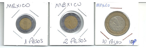 México 3 Moeda Antiga 1 Peso 2010, 2 P2008 E 10 Pesos 2016 
