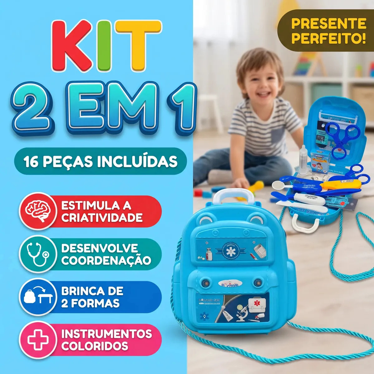 Kit Maleta Mochila De Médico Infantil Bag 2 Em 1 Vira Consultório 16 Peças Doutor Criança Menina Menino Faz de Conta Educativo Brinquedo Presente Dia das Crianças 3 Anos Azul Louis Riel Acustico