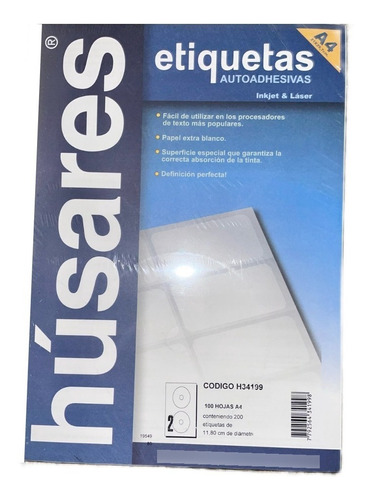 Etiquetas Autoadhesivas Húsares H34199 A4x100 Hoja Para 2 Cd