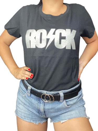 Remera Mujer Aplique Estampa Rock Glitter Brillo Lentejuelas