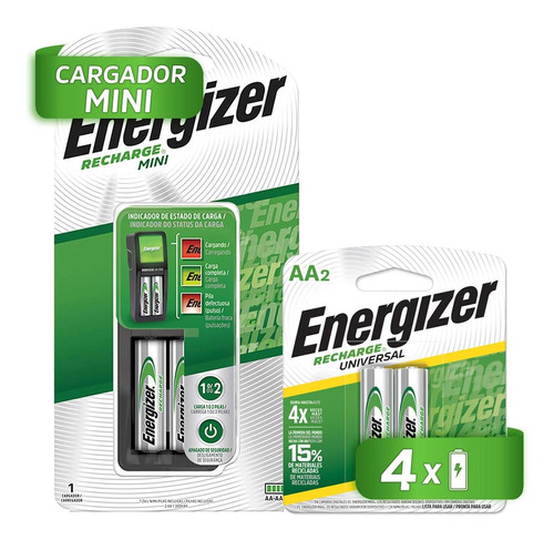 Cargador De Pilas Energizer Mini + 2 Pilas Recargables Aa