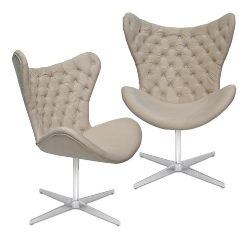 02 Poltronas Egg Slim Capitonê Suede Nude Base Giratória