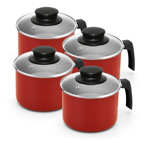 Kit Canecos Fervedores Teflon 4p Vermelhos C/tampa De Vidro Cor Vermelho