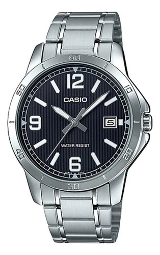 Reloj pulsera Casio MTP-V004 con correa de acero inoxidable color plateado - fondo negro
