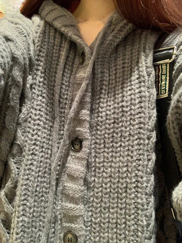 Cárdigan Gris Con Capucha De Punto Trenzado Para Mujer Otoño