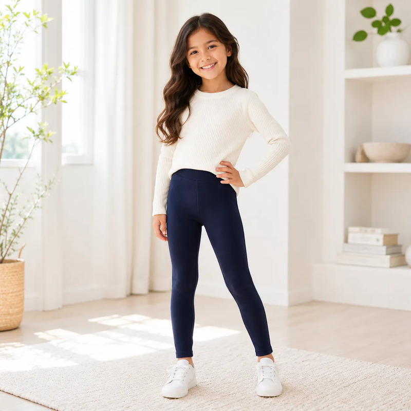 Menina sorrindo vestindo calça legging azul marinho lisa e blusa de manga longa branca, em ambiente interno claro.