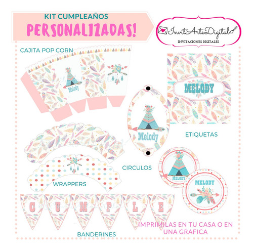 Invitación Digital + Kit Cumple Personalizado Indio Shabby 