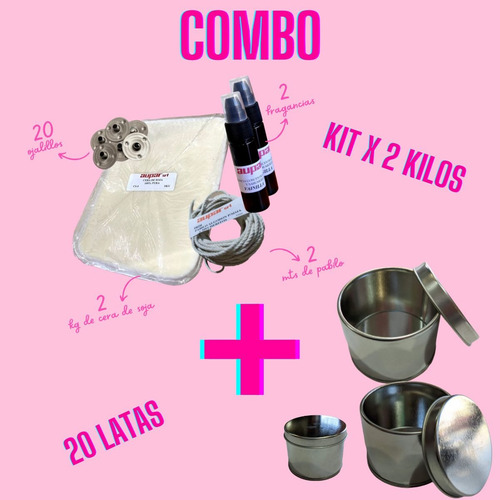 Combo Kit Para Velas De Soja X 2 Kilos + 20 Latas 6,5 X 5 Cm