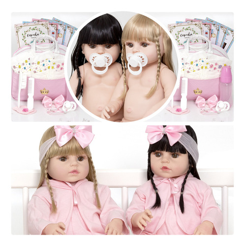 Bonecas Bebe Reborn Gêmeas Meninas Lindas Pagão Rosa Enxoval