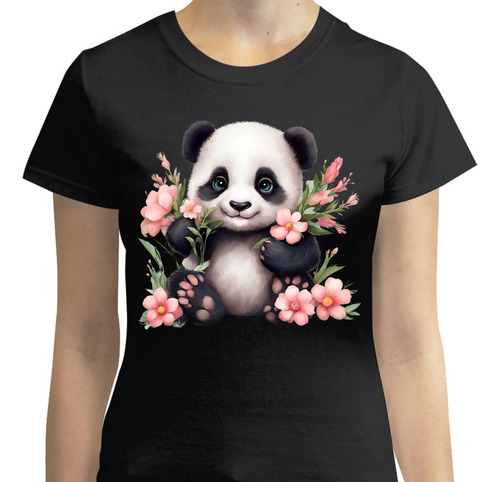 Playera Diseño Oso Panda Tierno Con Flores Rosas - Flores