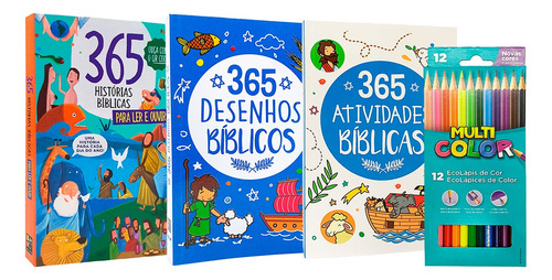 365 Histórias Bíblicas + 365 Desenhos Bíblicos + 365 Atividades Bíblicas + Lápis De Cor 12 Cores Multicolor Faber-castel