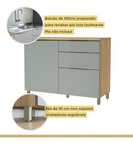 Cozinha Modulada Marquesa Ripada Mdf 8 Peças Nature Verde