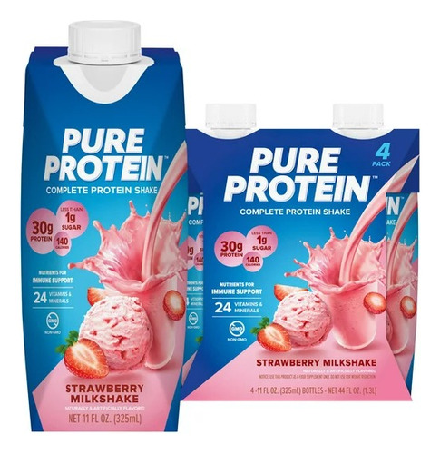 Pure Protein Shake Milkshake 30g Protein, Gluten Free 4 Pk Sabor Fresa