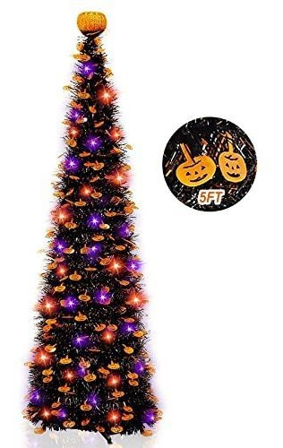 Turnmeon 5ft Negro Tinsel Halloween Árbol Con 50led X1gpw