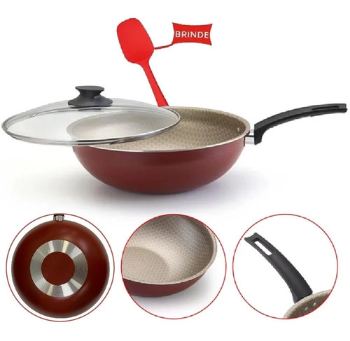 Sartén antiadherente frita sin aceite para wok con tapa+tostadas de color rojo