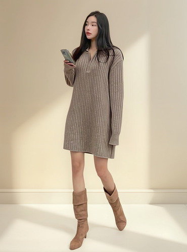 Vestido Tejido Canales Caqui Talle L Boho Chic Importado