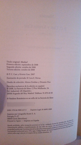 Libro: Marcada. P C. Cast Y Kristin Cast. Editorial Pandora (Usado)