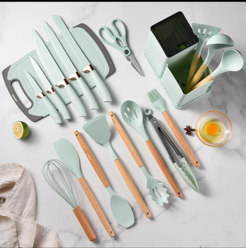 Utensilios De Cocina De Silicona Cuchillos Cucharas Tabla Verde Seco
