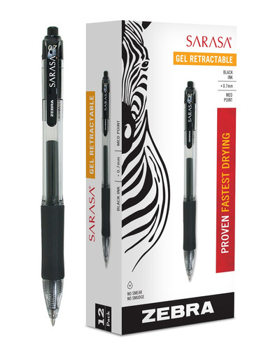 12 X Zebra Sarasa Retractable Gel Ink Pens, Medium Point