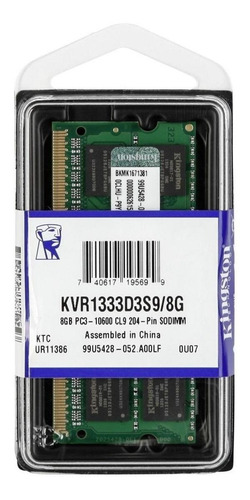 Imagem 1 de 2 de Memória RAM ValueRAM color Verde 8GB 1 Kingston KVR1333D3S9/8G