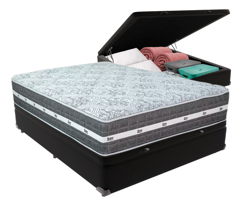 Cama Box Com Baú Preto E Colchão Casal Black Grafit Anjos