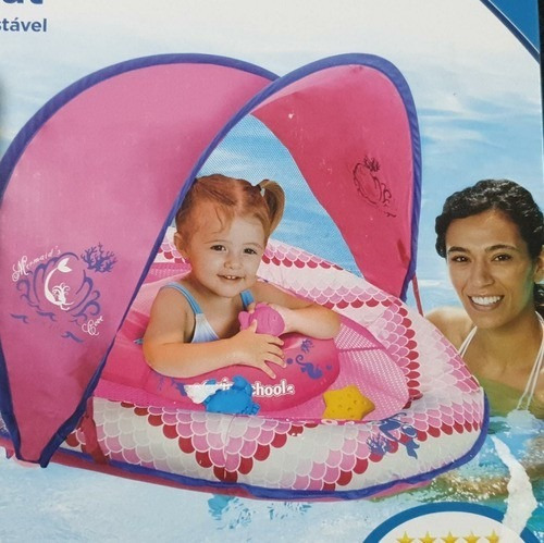 Bóia Inflável Com Cobertura Bebe Baby Boat Swimschool Rosa