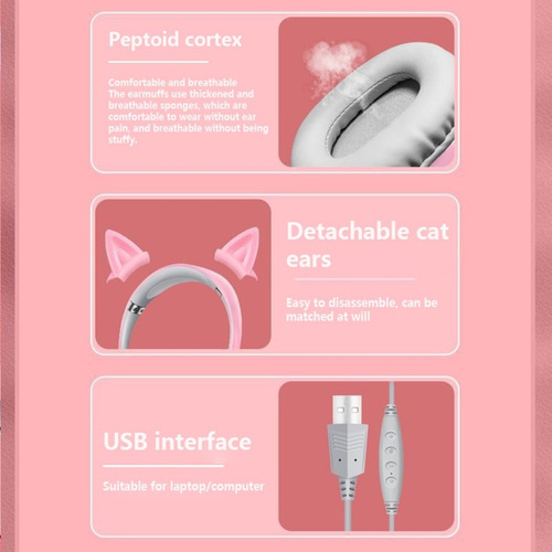 Audifonos Diadema Gamer Usb Orejas De Gato Cat Akzx51 Rosado