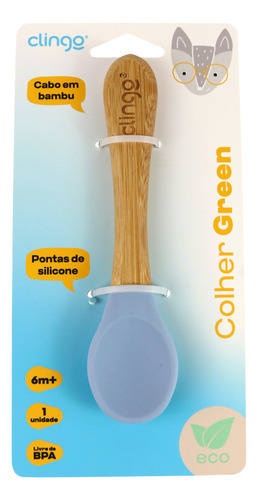 Colher De Silicone E Bambu Azul Para Bebê Azul