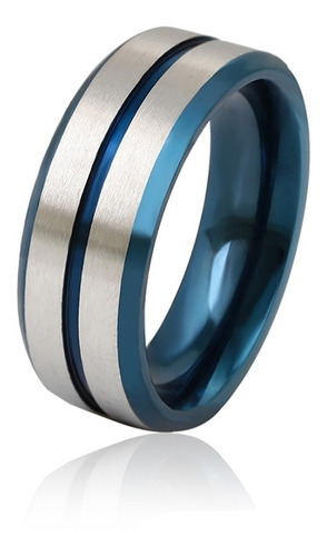 Anillo Argolla Titanio Franja Azul Calidad Premium Moda