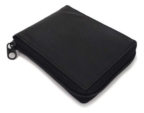 Mens Cartera Plegable Con Cremallera Alrededor, Cuero Negro 