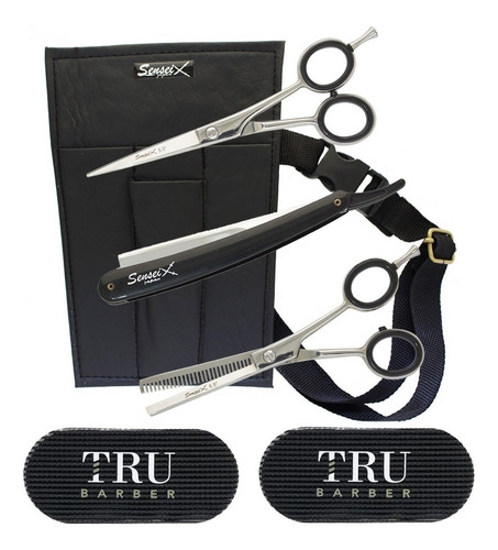 Kit Tijeras Peluqueria Sensei + Grippes Tru Barber + Navaja