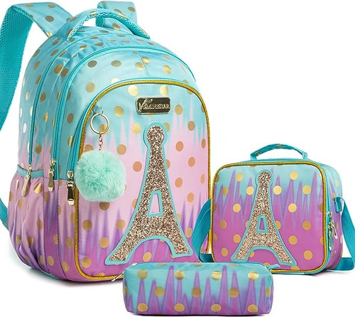 Mochila Escolar 43cm Con Lonchera Y Cartuchera Jasminestar Diseño De La Tela París