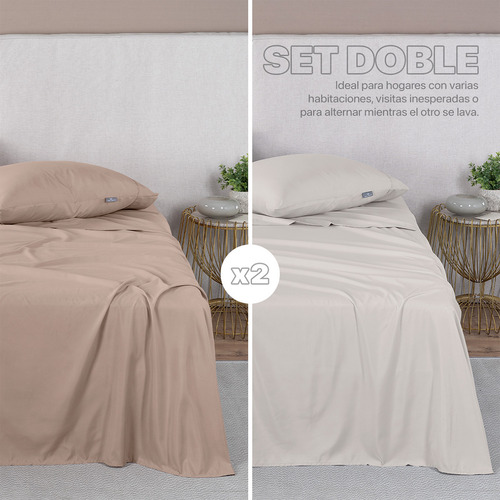 Paquete 2 Juegos Sábanas Matrimonial Microfibra Real Textil Taupe Y Marfil Liso
