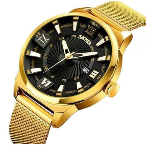 Relógio Masculino Skmei Dourado Preto Analógico 9166 3d